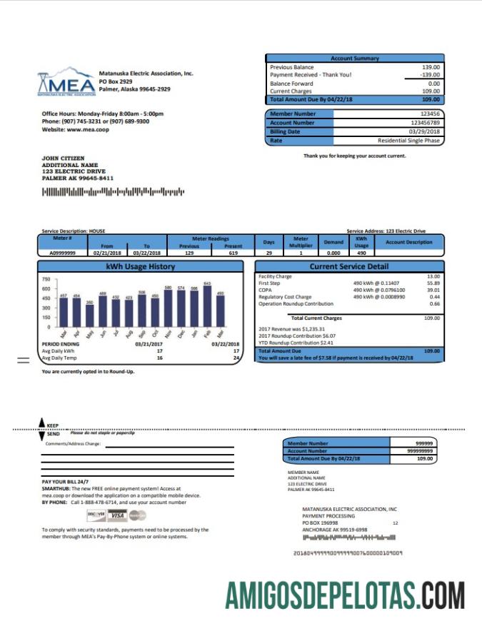Para baixar modelo de conta de serviços públicos de eletricidade dos EUA MEA Alaska em formato Word e PDF